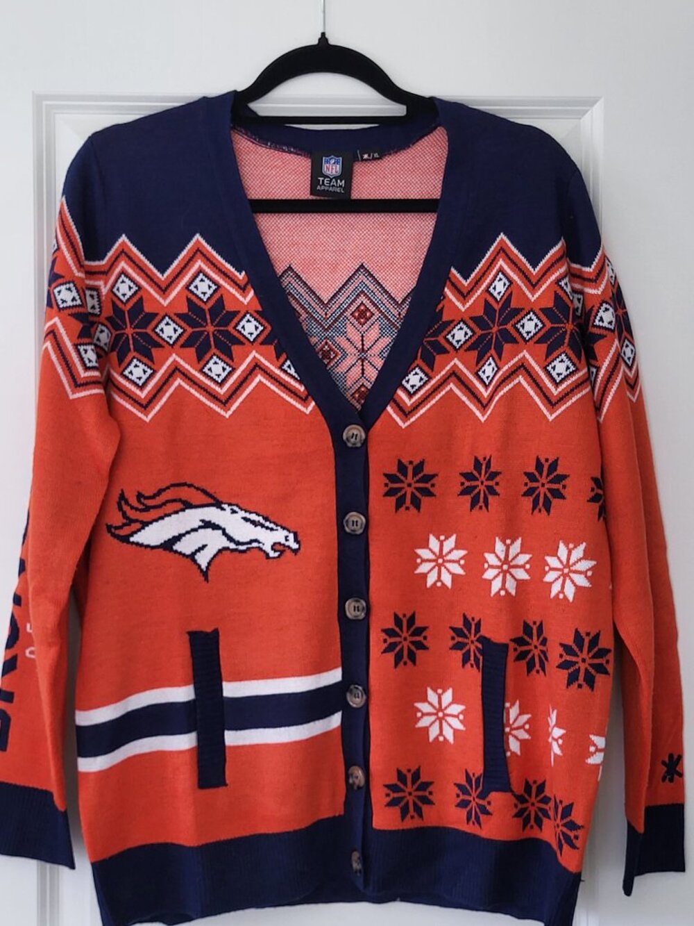 FOCO NFL Denver Broncos Women's Ugly Holiday Cardigan Sweater - Orange/Navy XL